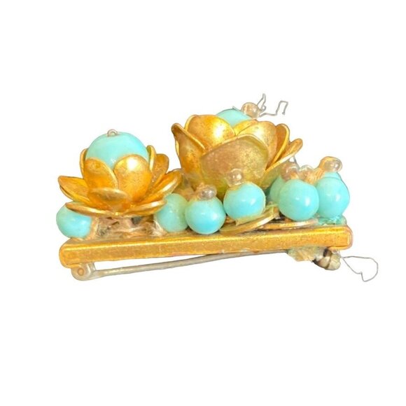 Vintage Gold & Turquoise Floral Bead Brooch Pin - Picture 2 of 4
